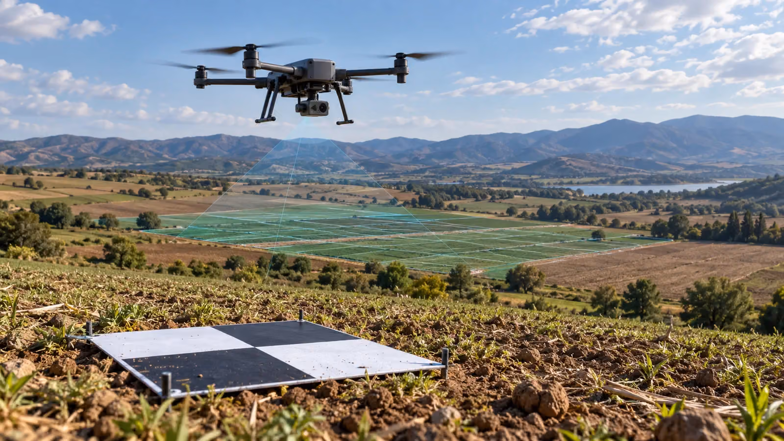 Yer kontrol hedefi üzerinde uçan haritalama dronunun temsili arazi ölçüm sahnesi.