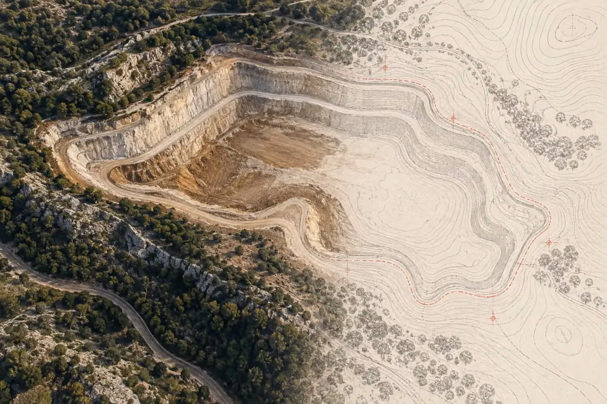 Arazi görünümüyle eş yükseklik eğrilerini bir arada gösteren temsili görsel