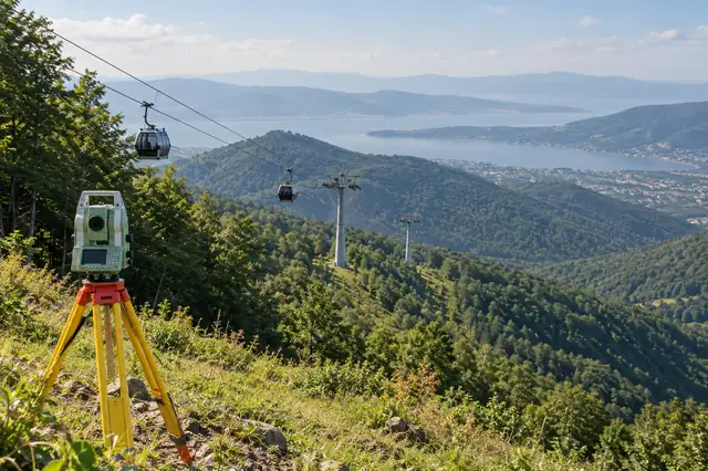 Ormanlık yamaçta teleferik hattı ölçümünü gösteren temsili görsel